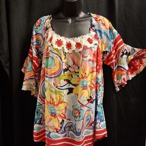 Melissa Paige Colorful Floral Blouse with Red Accents